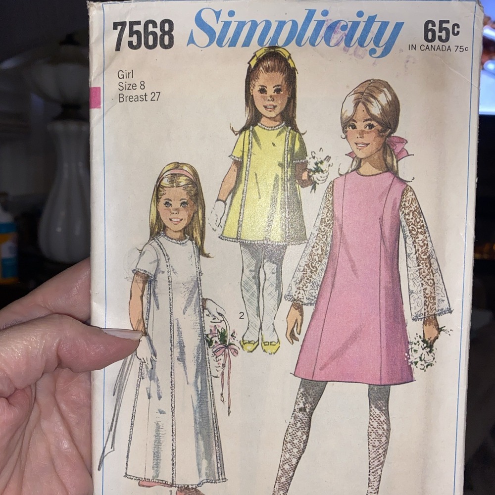 1968 Vintage Simplicity Sewing Pattern Girls Collarless Dress 7568 SZ 8 Cut